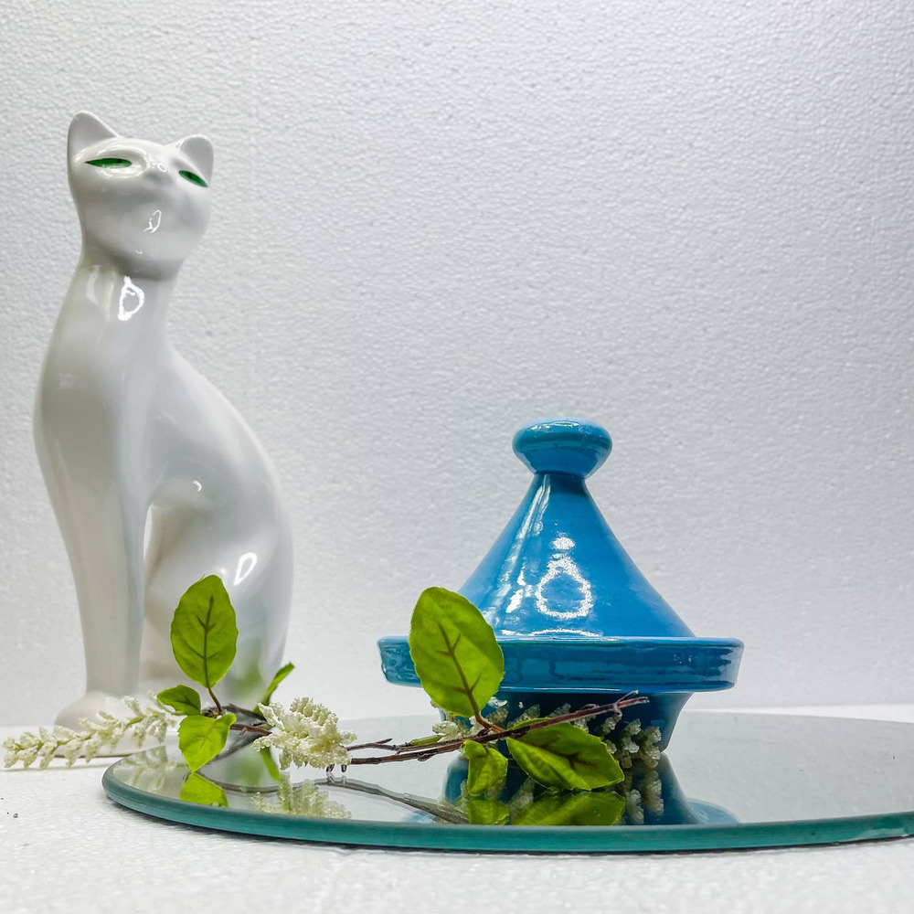 Decorative Colorful Tajine Hand Painted in Morocco Terracotta Clay Blue